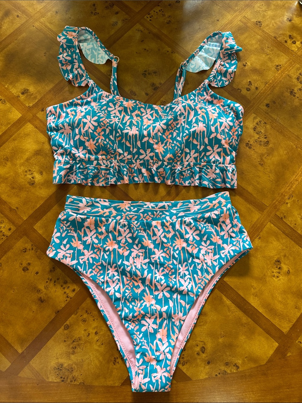 Raisins High-Waist Floral Bikini Bottoms - Teal & Light Pink size XL
